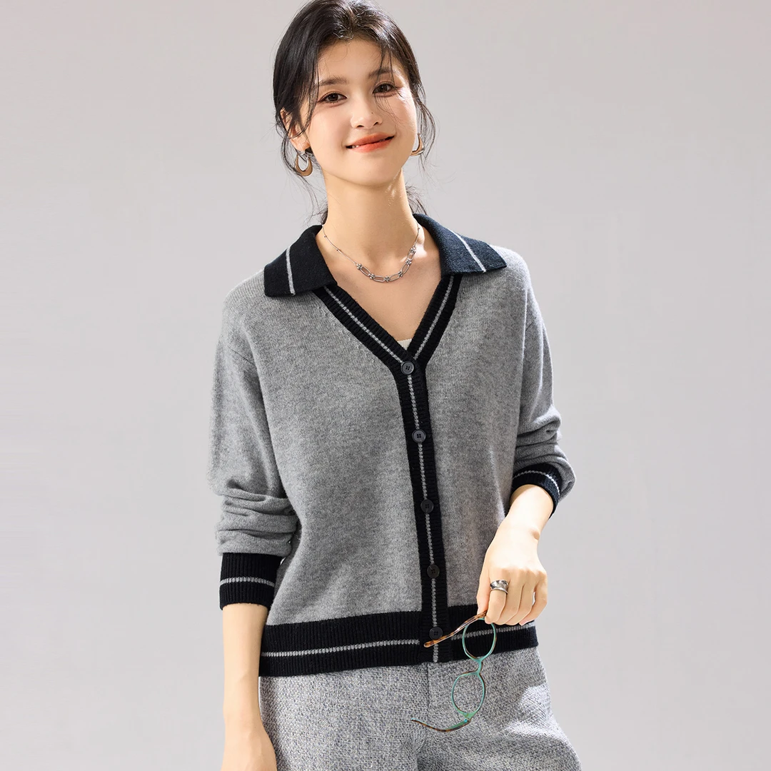 金菊【100%绵羊毛加厚】秋冬女式撞色V领开衫羊毛衫学院风吸睛