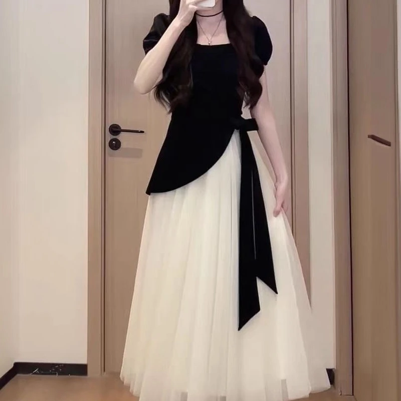 法式温柔风夏季收腰显瘦设计感撞色拼接不规则绑带网纱连衣裙1826