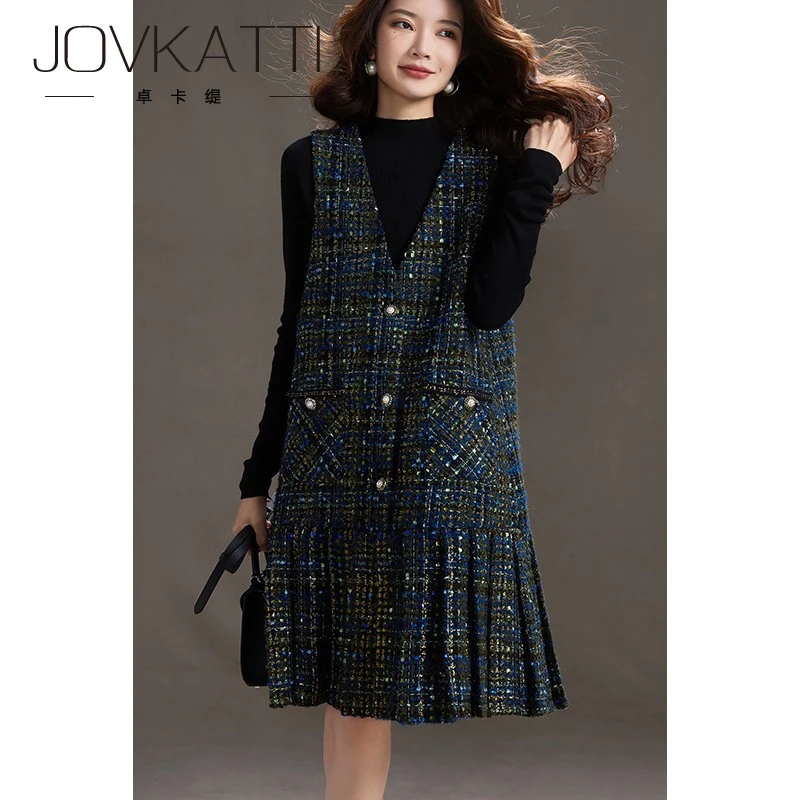 卓卡缇小香风无袖格纹连衣裙女2025早秋新款V领大码中长款背心裙