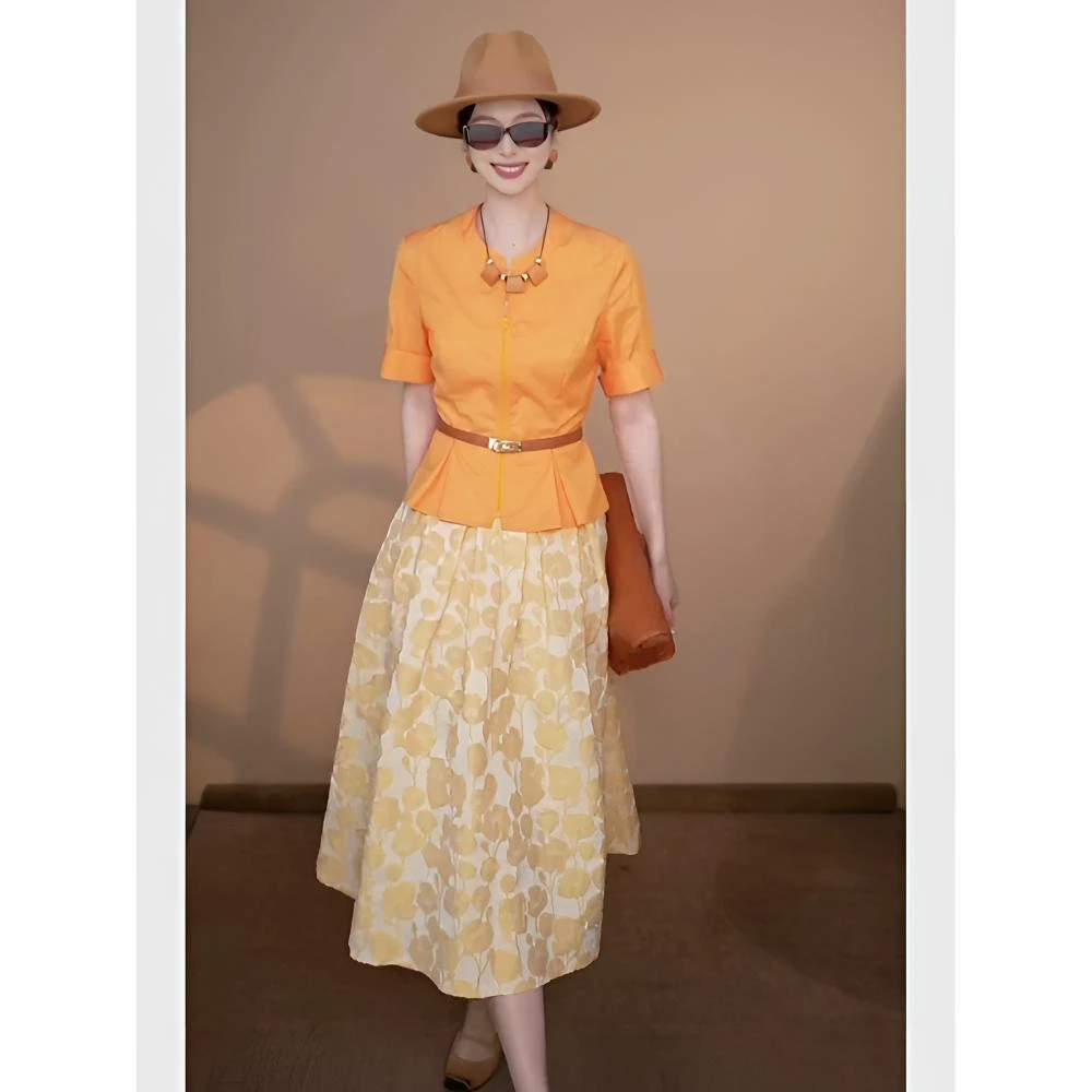2025超火夏装一整套多巴胺穿搭巨好看的橘色裙子职业套装女高级感