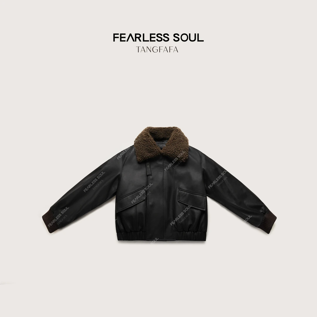 唐发发TFF 经典飞行员皮衣头层绵羊皮一体毛领外套 825FF836 =