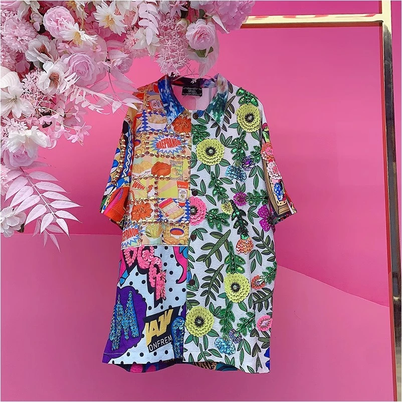 A2606欧美设计师2025夏季新款重工钉珠刺绣亮片立体花拼色衬衫女