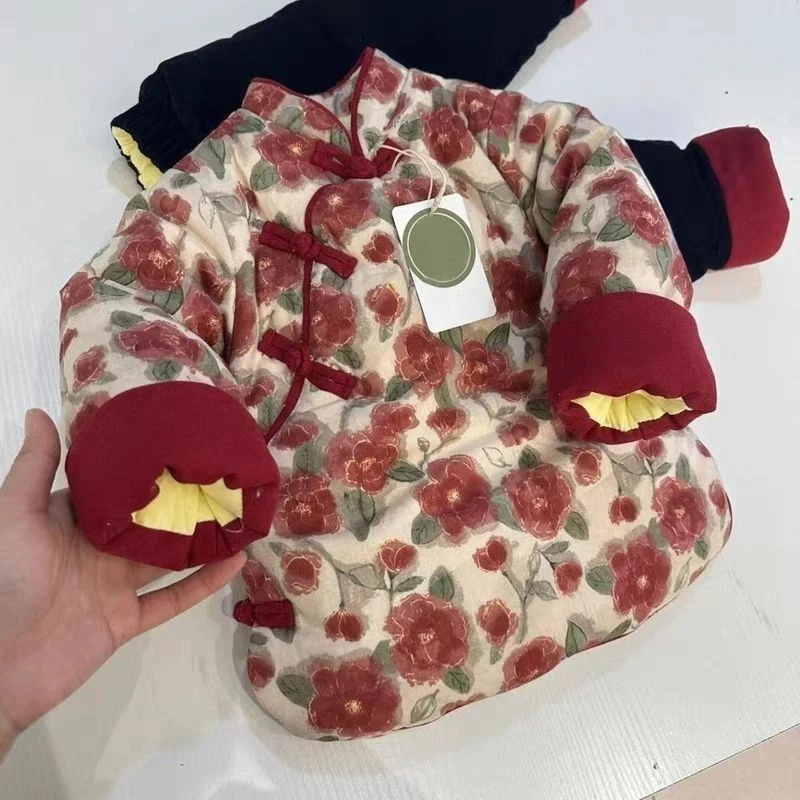 新中式女童棉服2024冬季新款儿童碎花加厚夹棉棉袄中国风唐装汉服