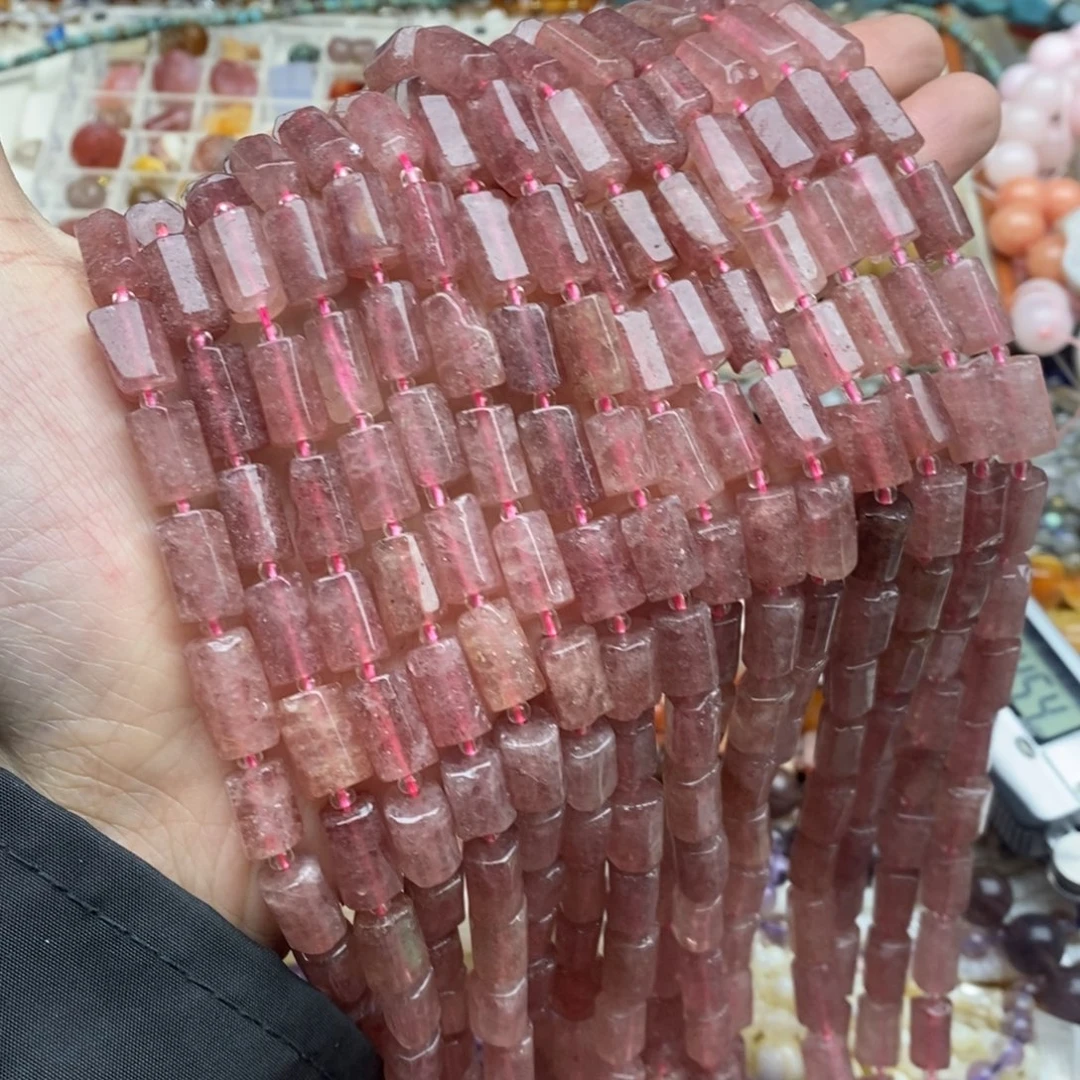 玛瑙/玉髓未镶嵌珠宝半成品一条天然有瑕草莓晶桶珠