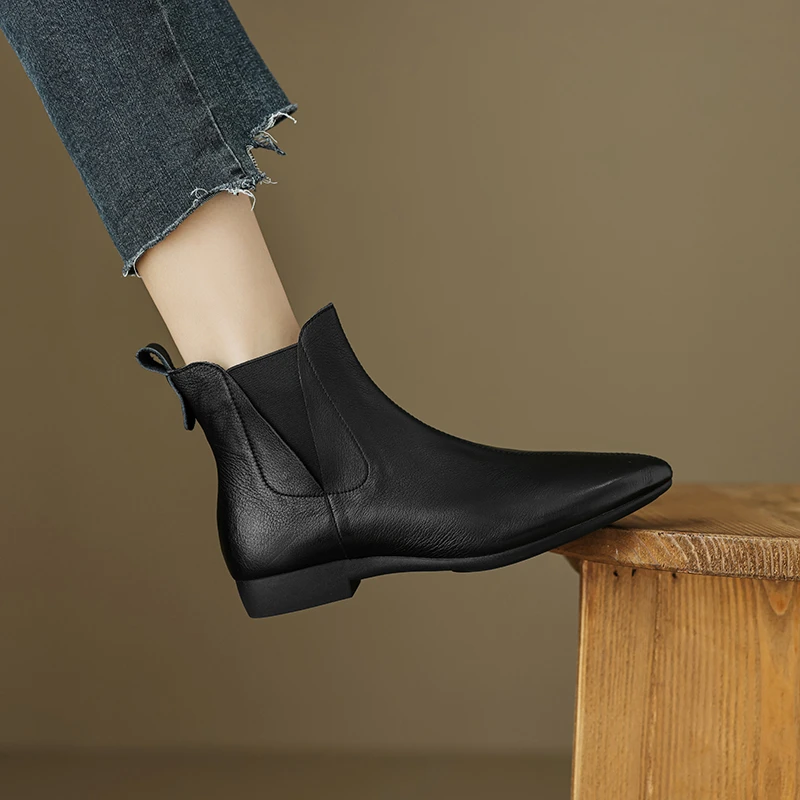 2025新款复古风平跟切尔西靴女冬季加绒平底真皮短靴女小圆头单靴