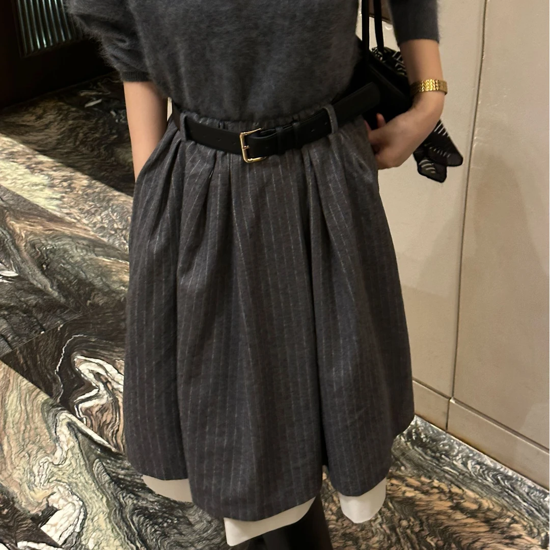 D213350M高腰褶皱A字裙百褶裙条纹半身裙收腰裙子
