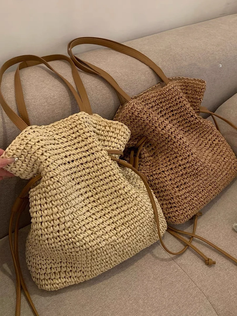 自留款！夏日慵懒风草编单肩包夏季海边度假大容量抽绳手提草包