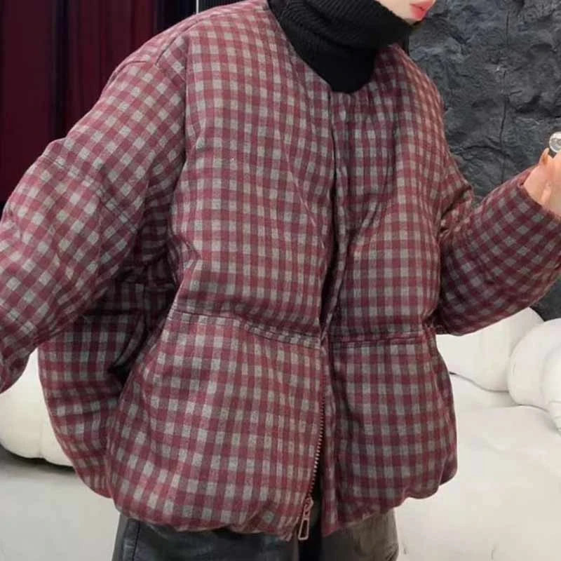 【撞色格调】无领拉链公主风厚款冬季格子棉服休闲韩版御寒保暖外套
