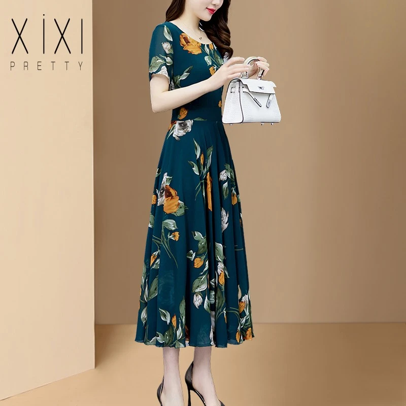 中年妈妈品牌连衣裙夏装洋气裙子气质女装中老年阔太太雪纺高贵裙