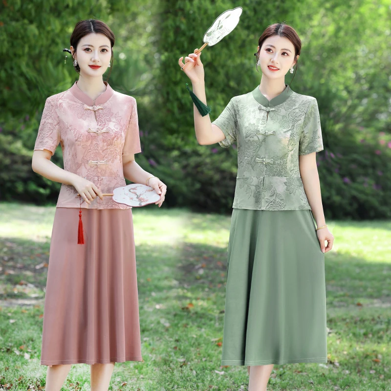 妈妈装连衣裙新款女士夏季洋气中长款裙子时尚国风中老年短袖长裙