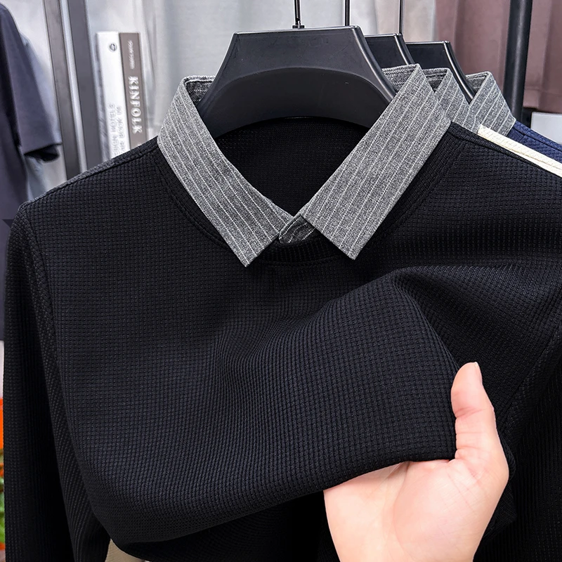 2025春季新款男士假两件T恤商务休闲纯色衬衫领上衣薄款透气百搭