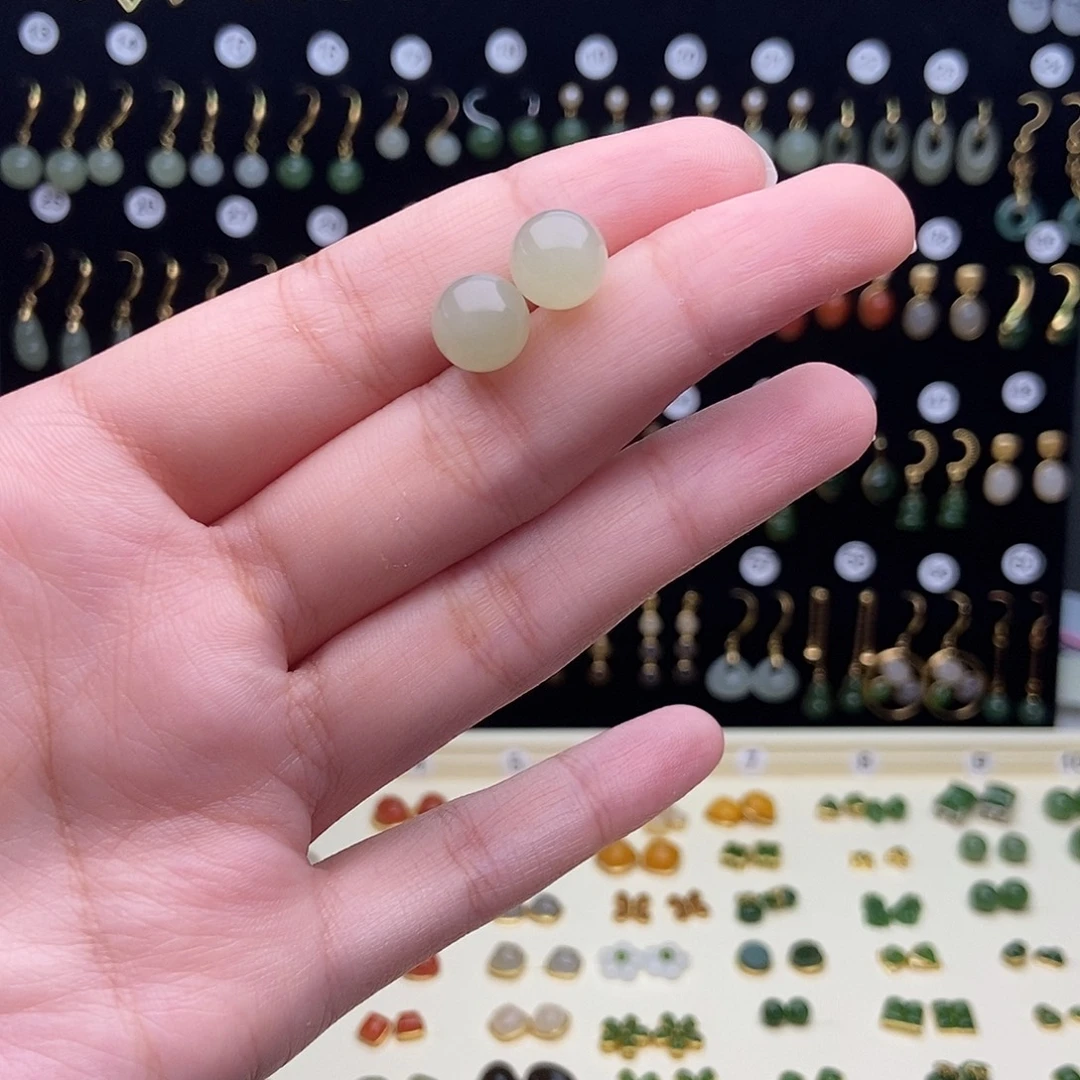 银S925镀金镶嵌和田玉耳饰