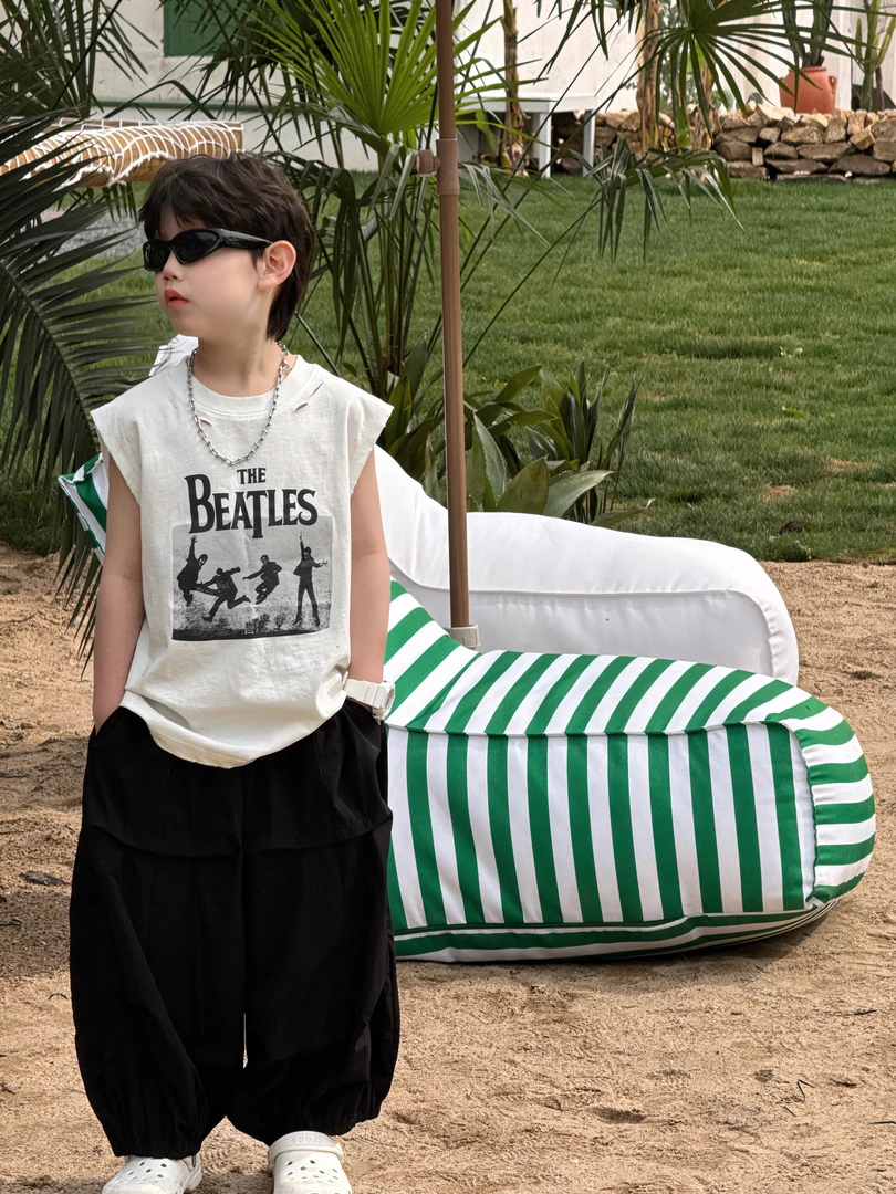 2025夏季新款韩版男童休闲百搭美式破洞字母坎肩T恤儿童上衣潮