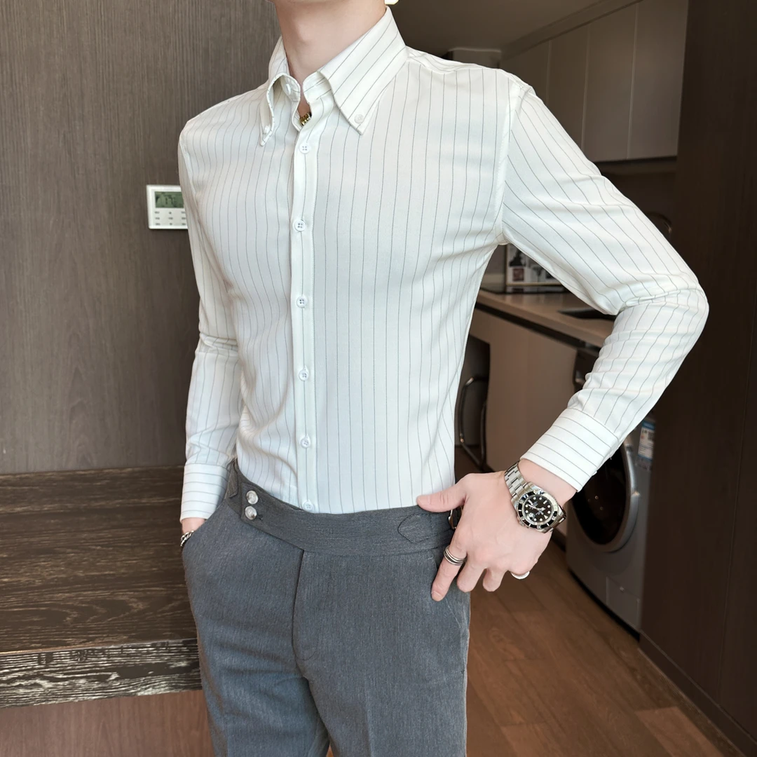 高级感条纹长袖衬衫男2025秋季新款潮流痞帅商务休闲男士大领衬衣