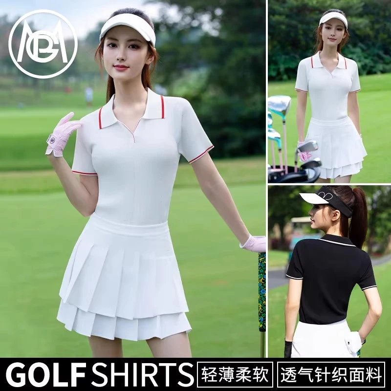 PGM高尔夫2026春夏服装女士针织v领POLO短袖上衣运动衣服短裙套装