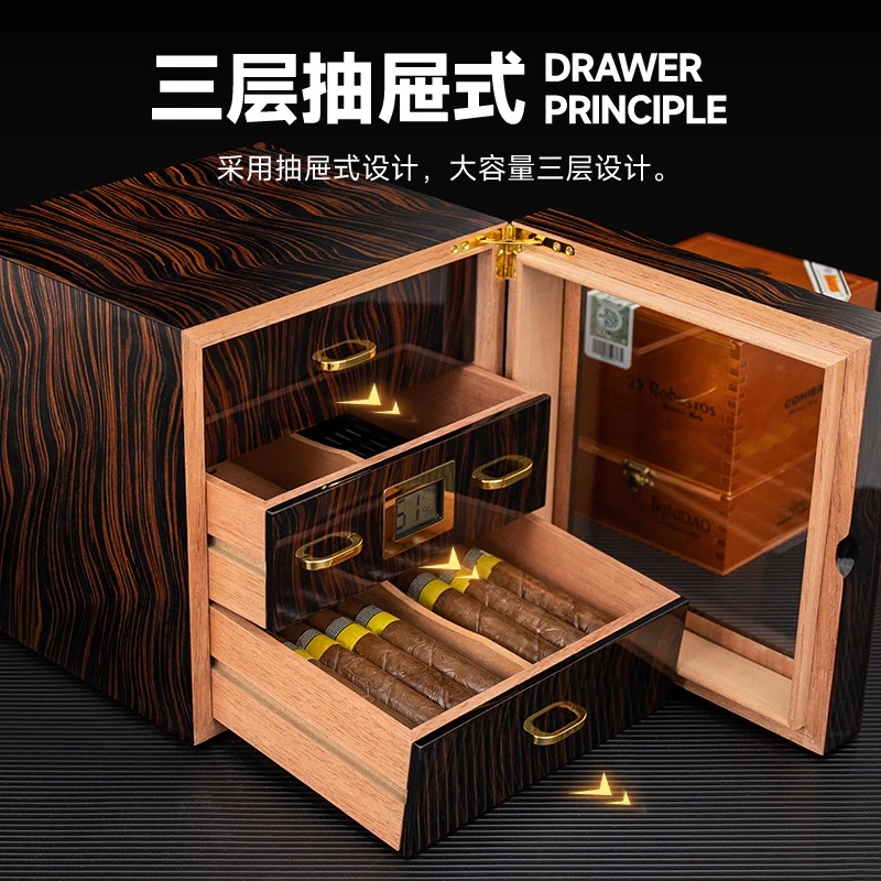 HANNICOOK雪茄盒雪茄柜三层透视窗高光漆雪松木大容量雪茄保湿柜