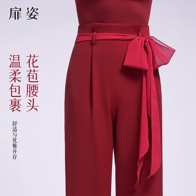 扉姿 摩登舞蹈裤女秋季国标舞绑带直筒长裤新款洋气跳舞裤子F2155
