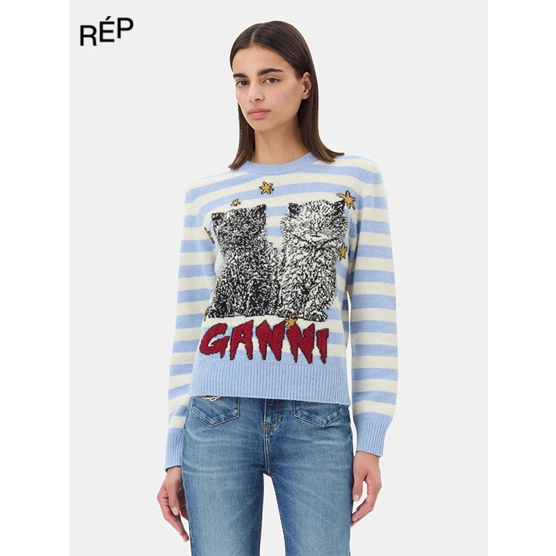 【5折现货】GANNI设计师品牌女装蓝色条纹猫猫毛衣（特价NO退换）