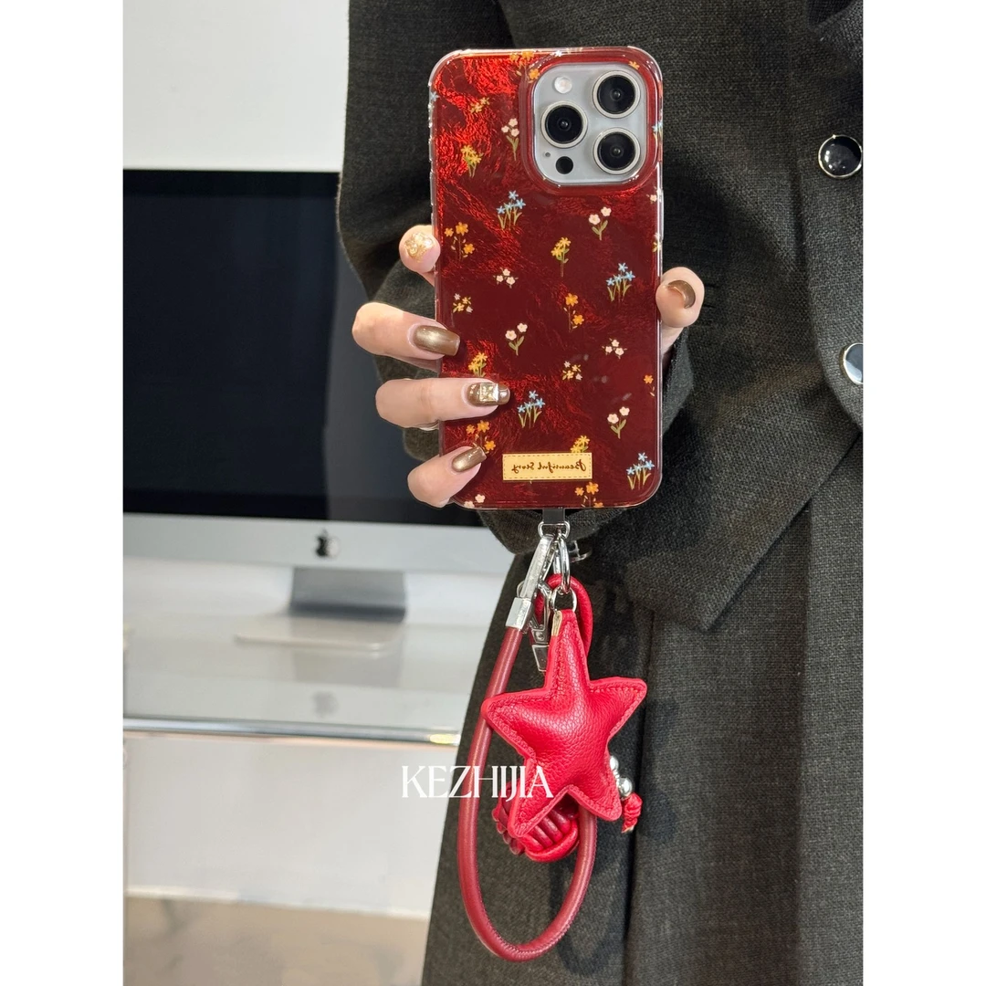 【壳之】高级简约碎花红底爱心边适用苹果16/15/14/13promax手机壳