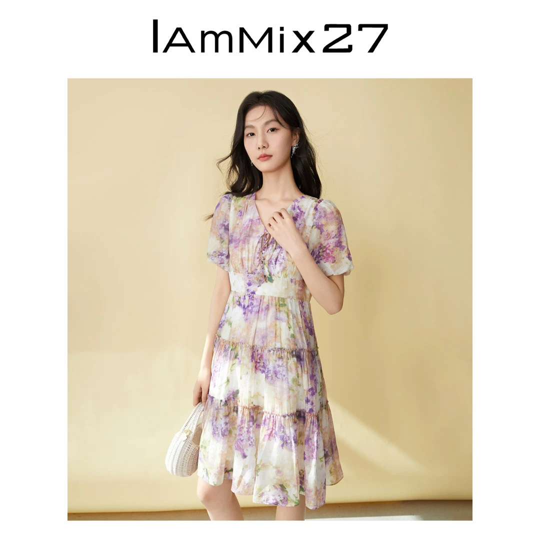 Iammix27法式V领连衣裙女简约撞色印花显瘦短袖A字裙M4B9025