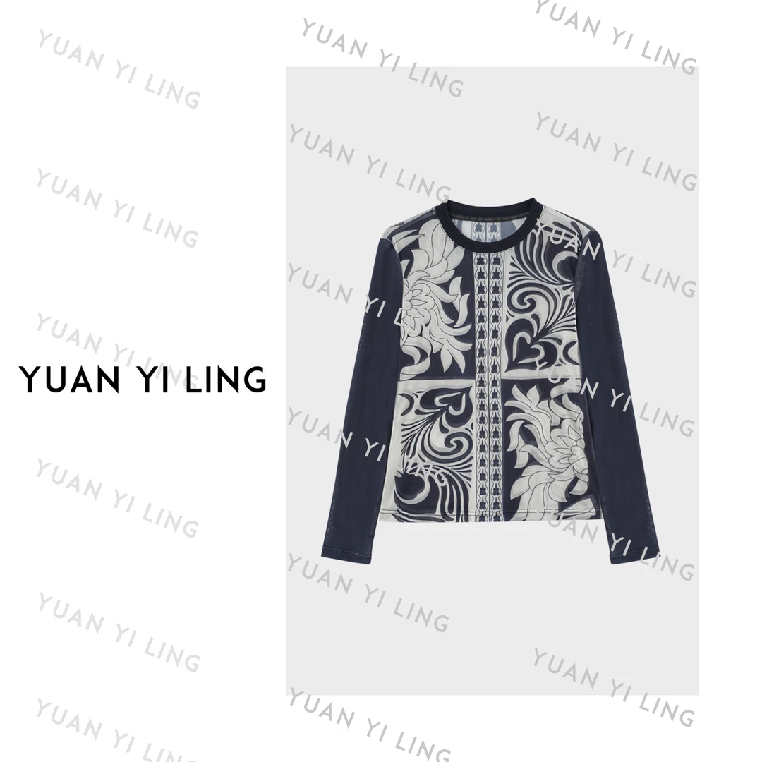 袁艺灵【中古t】25秋冬撞色复古设计感网纱圆领长袖打底 T恤3115