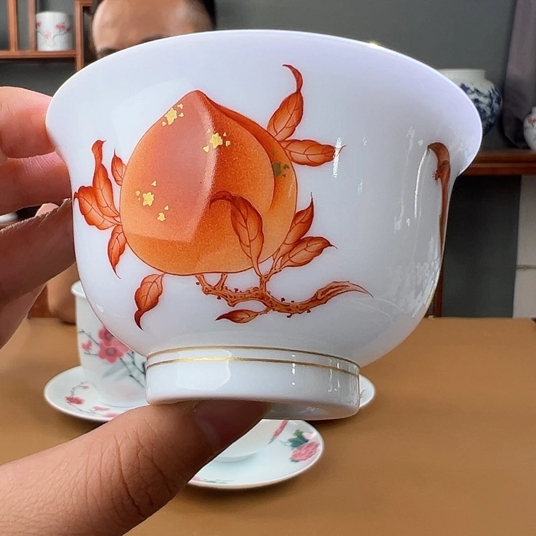 柴窑 矾红桃纹压手杯
