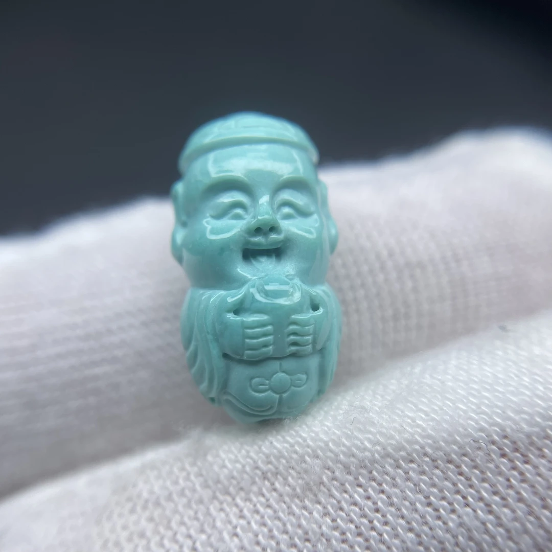 原矿绿松石立体雕刻萌版地主，直径9.5，高17.7mm
