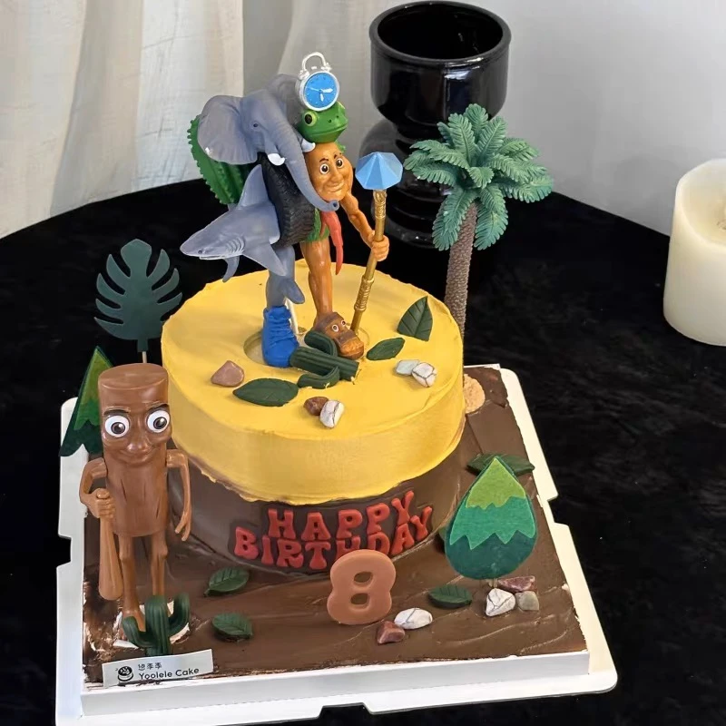 网红款森系主题蛋糕装饰卡通木头人山海经融合儿童生日甜品插件