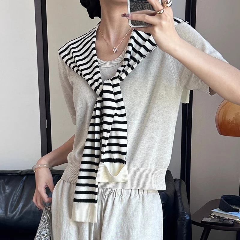 条纹高档披肩外搭夏季薄款针织斑马纹搭肩办公室护颈领巾围巾女
