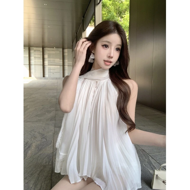 蕾丝拼接飘带挂脖背心女夏季宽松无袖外穿白色设计感chic绝美上衣