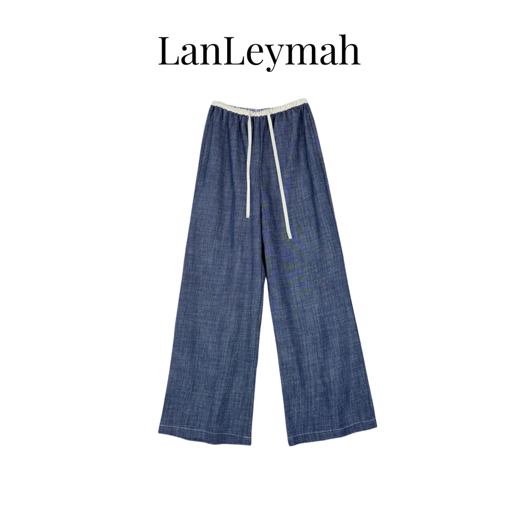 LanLeymah【牛仔阔腿裤】宽松细腰带慵懒风休闲女裤春秋款肥腿裤