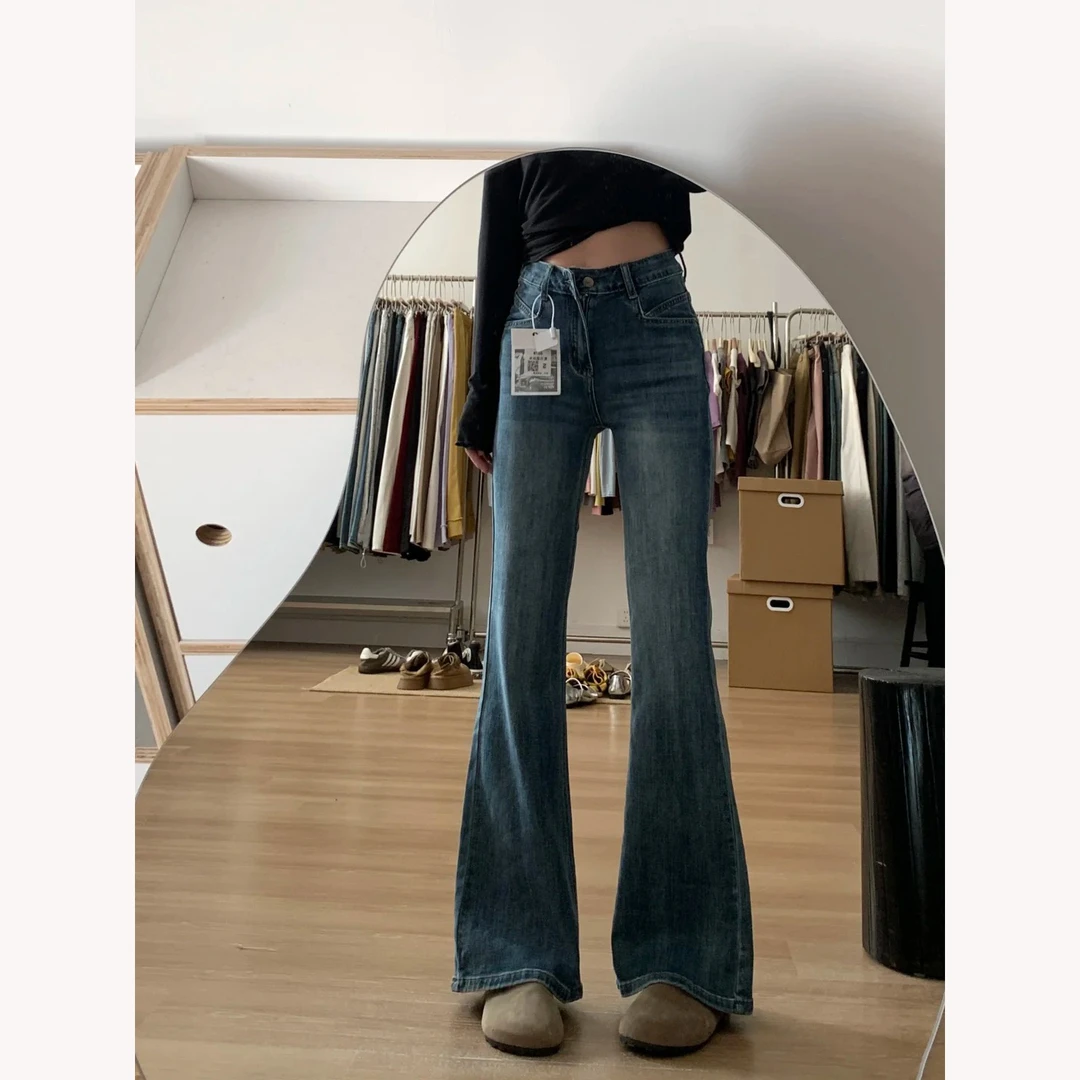 复古高腰显瘦弹力微喇牛仔裤女2025夏季新款小个子修身喇叭马蹄裤