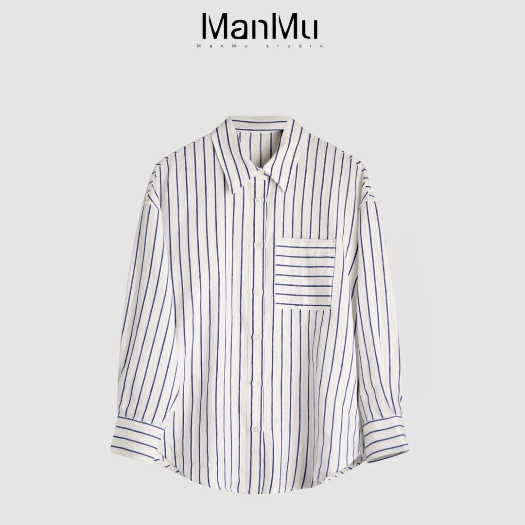 满目ManMu 【张琪专属】高品质条纹简约百搭显瘦亚麻衬衫350119