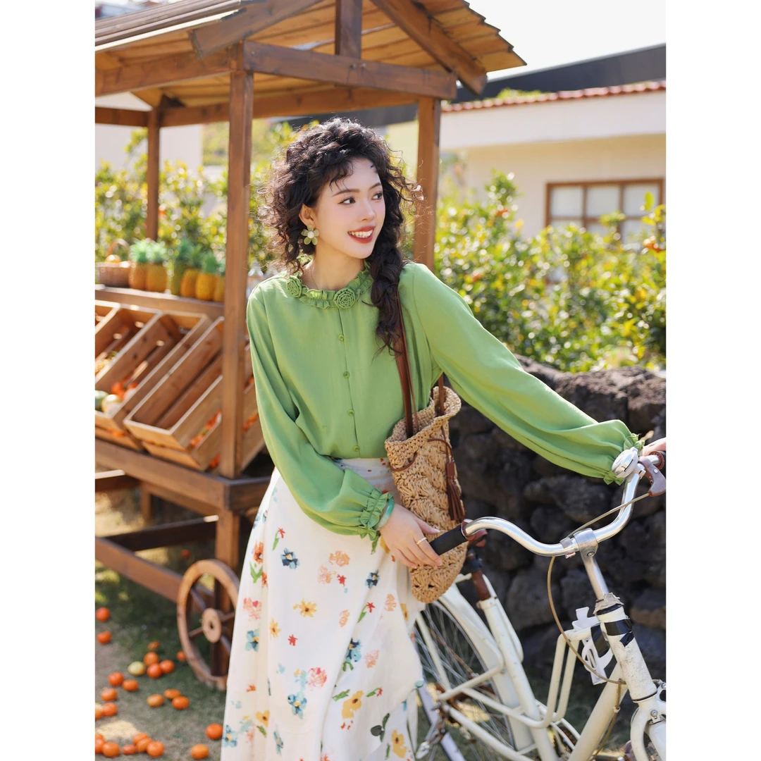 扣子家【梦湖之境】港风复古春季新款衬衫设计感上衣KR3882285