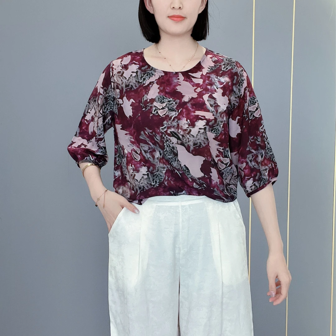 万紫千红2025新款圆领半袖轻奢高定中老年女士休闲百搭上衣小衫