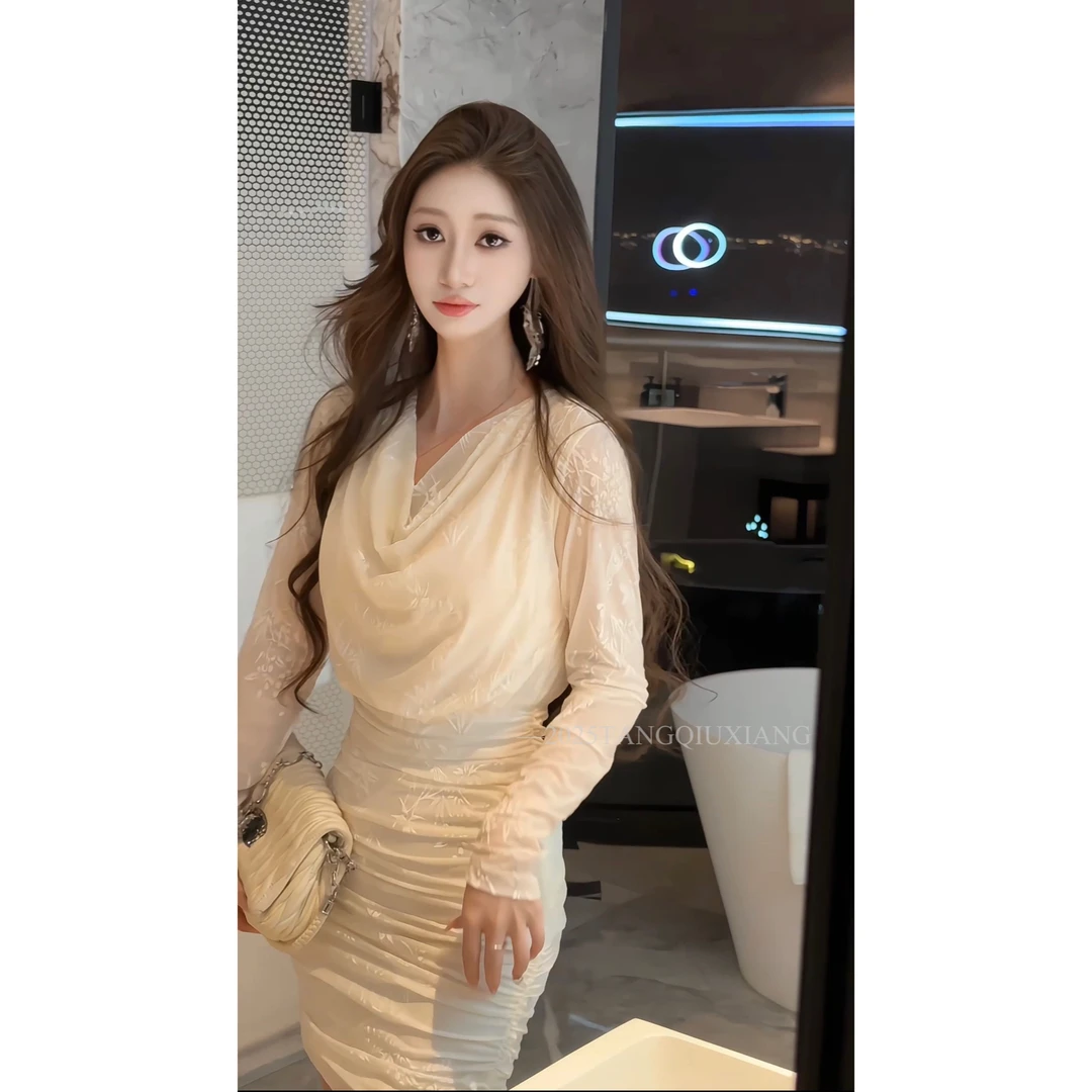 【耀眼风情】法式气质荡领长袖褶皱包臀显瘦长款连衣裙