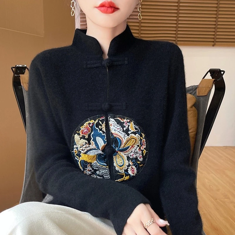 新中式国风100%纯羊毛开衫女立领盘扣刺绣针织外套宽松打底衫外搭