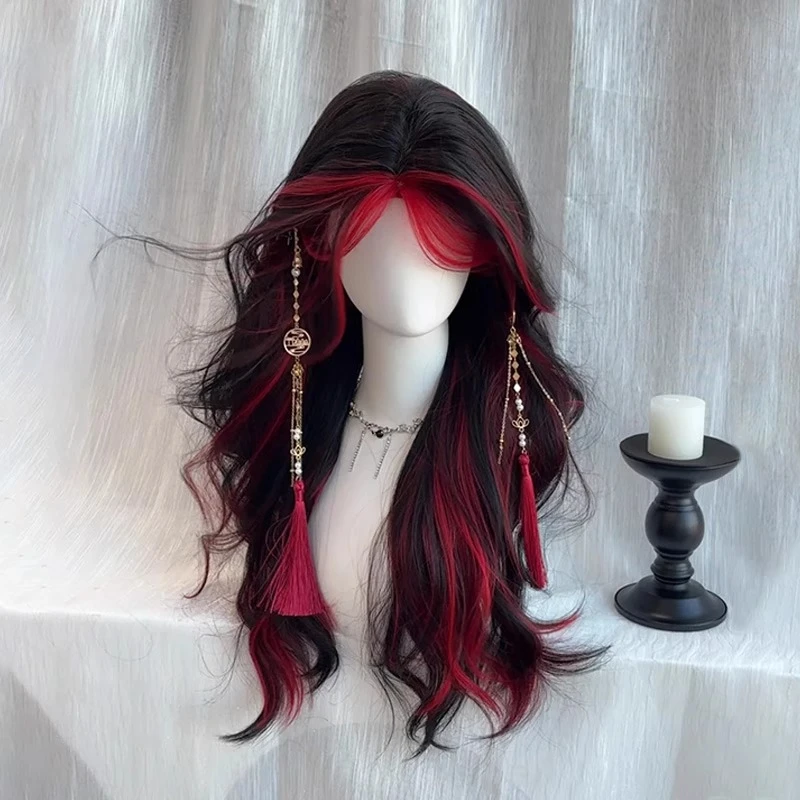 困困鱼【黑红双煞】假发女黑红挑染渐变中分大波浪长卷发cos全头套