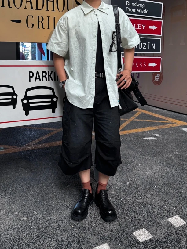 双层设计感领口活页短袖衬衫男cleanfit设计感小众衬衣潮