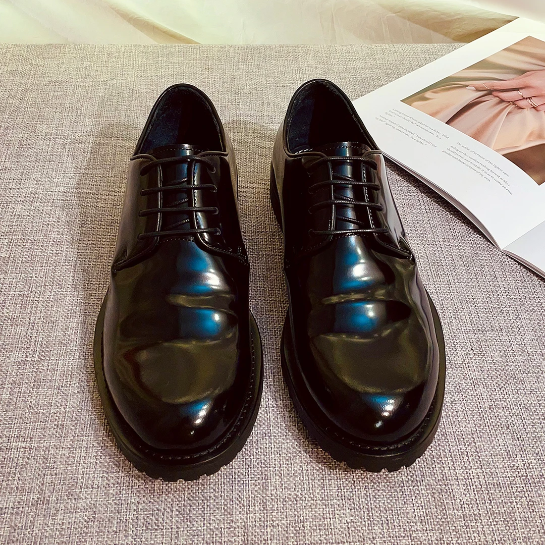 2025新款男士德比鞋亮皮黑色系带圆头正装皮鞋厚底真皮商务男鞋