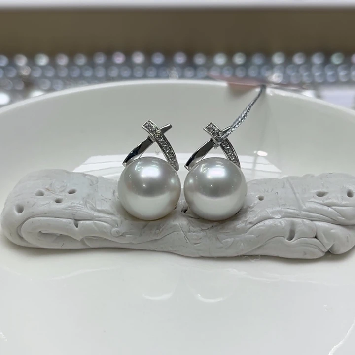 18K金镶嵌耳饰海水珍珠澳白11-12m 73号