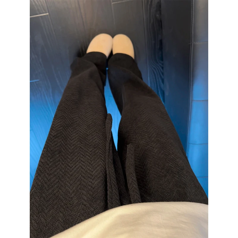 黑色人字纹休闲裤子男秋美式复古垂坠感阔腿针织卫裤直筒运动长裤