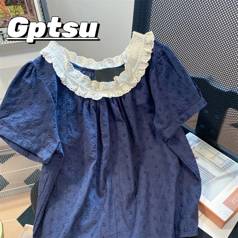 GPTSu复古撞色蕾丝花边领上衣女夏季大码宽松300斤减龄泡泡袖衬衫