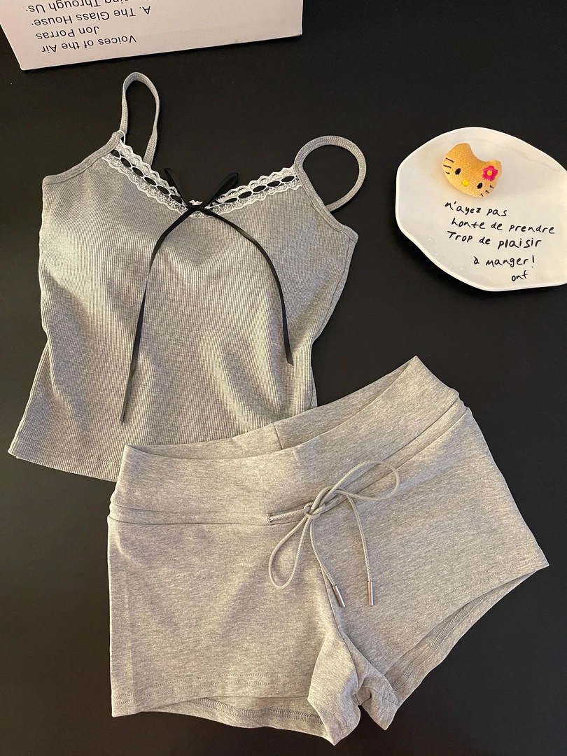 【DMXJ大梦想家】法式甜美风系带胸垫睡衣女夏2025新款慵懒短裤套装