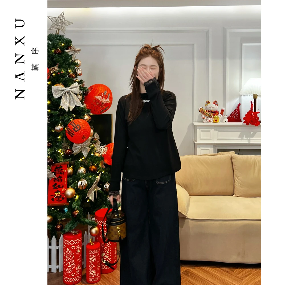 楠序胖mm大码女装 2025秋季显瘦气质单穿蕾丝长袖打底衫女YZ33333