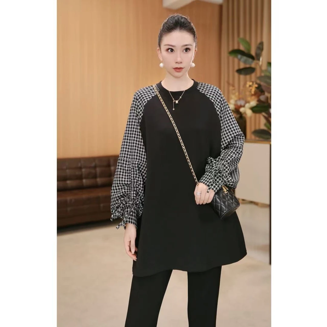 林果&季得 【晨雾】秋季拼接撞色格子袖口抽绳圆领宽松中长卫衣