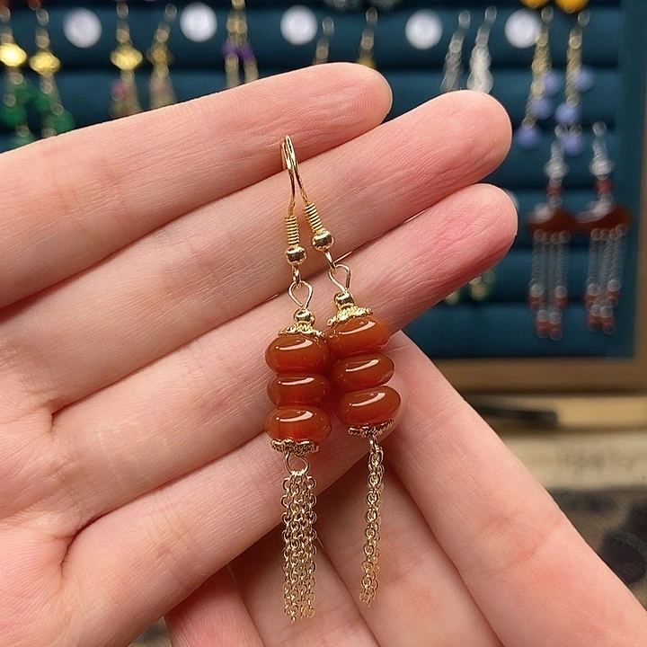 石英质玉耳钉银S925镶嵌