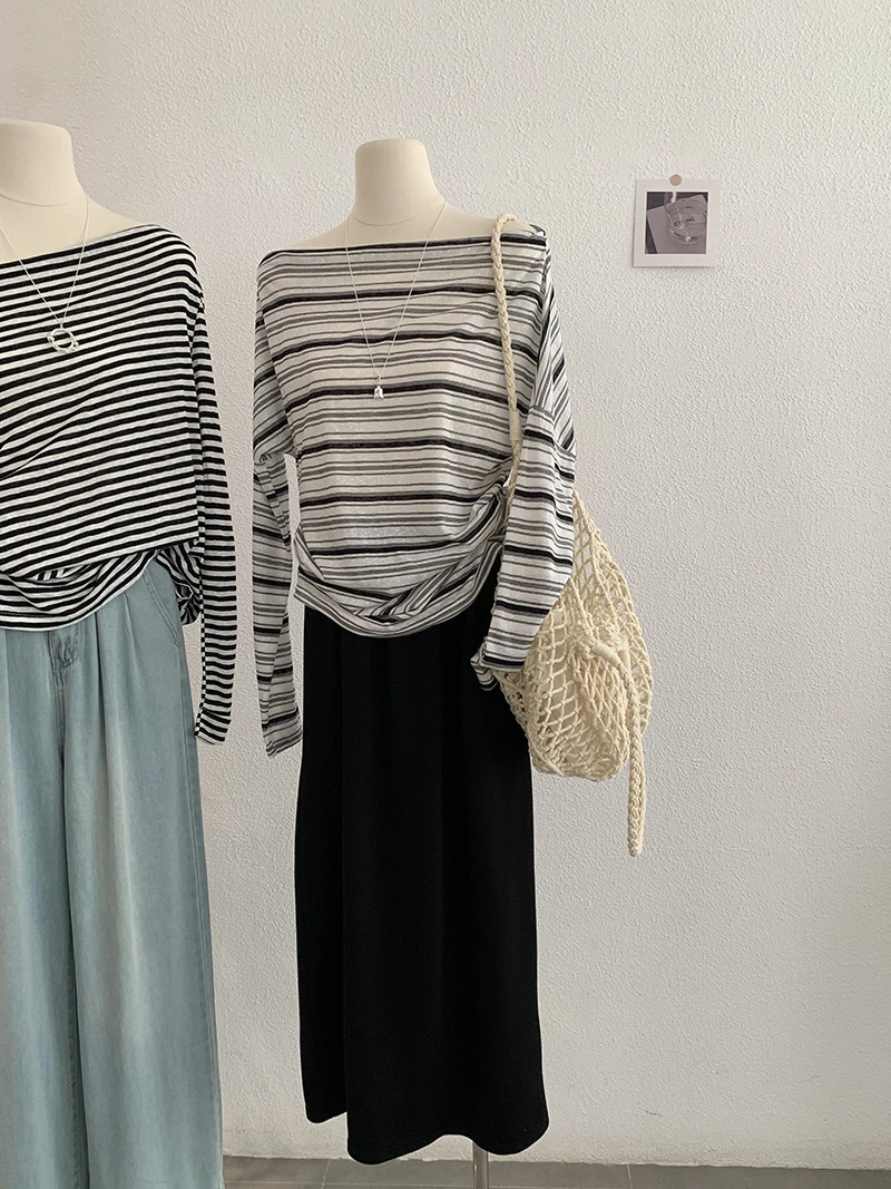 秋季显瘦拉肩一字领薄款长袖条纹T恤衫女时尚设计感上衣百搭气质