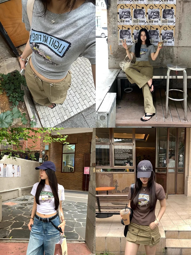 ONEXH·2025年夏季童趣减龄烫钻高跟鞋印花短袖T恤女百搭韩系上衣