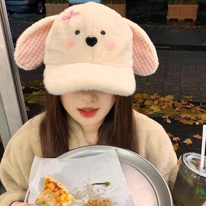 毛绒小兔兔蝴蝶结粉色格纹兔耳朵棒球帽女生秋冬季保暖可爱显脸小